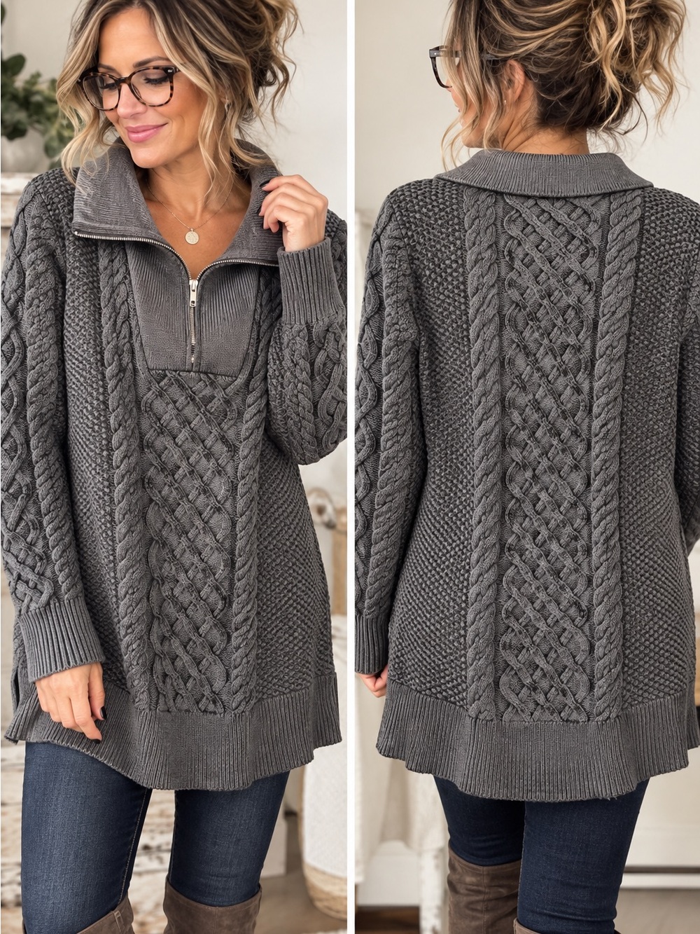 Soft Surroundings Cable Knit Half Zip Sweater Tunic Charcoal Gray M